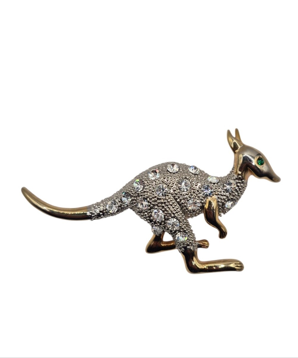 Vintage Kangaroo Brooch Diamonelle Rhinestone  Pin Whimsy Gold Tone